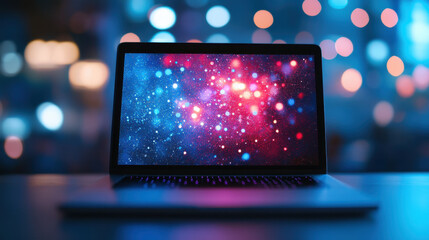 Wall Mural - laptop on desk displays abstract data background with vibrant colors, creating modern and tech savvy atmosphere. colorful bokeh lights enhance visual appeal