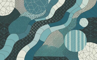 Wall Mural - Abstract teal pattern design. Serene teal textures blend seamlessly, creating a calming, flowing visual narrative.  A harmonious balance of geometric and organic shapes.