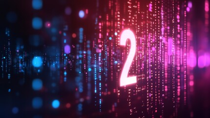 Poster - Colorful digital background with glowing number two and vibrant data stream pattern during nighttime