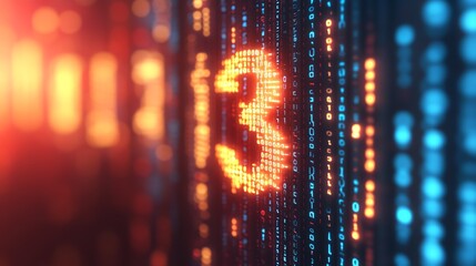 Poster - Vibrant digital display with glowing number three against a backdrop of streaming binary code in a modern setting