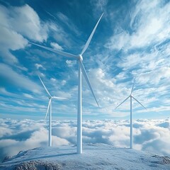 Wall Mural - aerial view of wind turbines on mountain ridge above fluffy clouds under bright clear sky with sunli