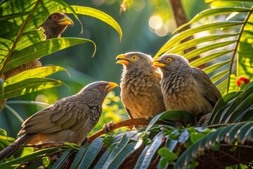 Wall Mural - Jungle Babbler Birds Nesting Together in a Lush Greenery Setting, Capturing Their Social Behavior and Unique Features in a Natural Habitat