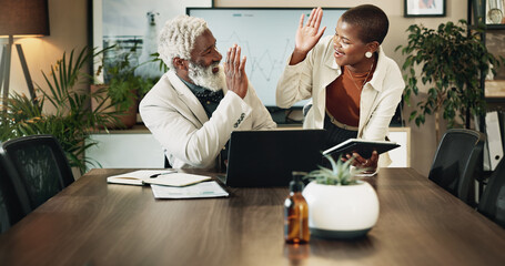 Poster - Business people, laptop and high five with teamwork for profit, winning or success at office. Businessman, woman or colleagues with technology for revenue, financial increase or corporate finance