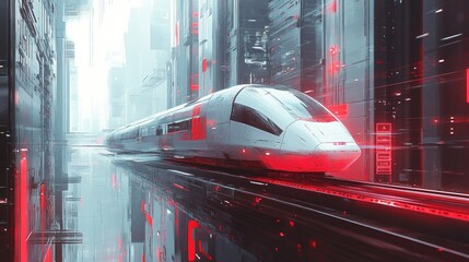 Poster - Futuristic High-Speed Train Gliding Through Neon Cityscape with Glowing Reflections and Abstract Architecture in a Cyberpunk Setting