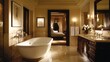 © Rere_Art151 - Luxurious bathroom with freestanding bathtub, marble floors, and a view of a bedroom through an open doorway