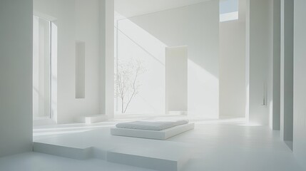 Aufkleber - Minimalist interior design showcasing an expansive white space with soft natural light filtering through large windows and a simple floor mattress for a serene atmosphere