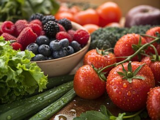 Poster - Macro Photography of Fresh Produce: Colorful Fruits and Vegetables Captured in Stunning Detail Showcasing Natural Textures, Vibrant Colors, and Freshness for Culinary Inspiration