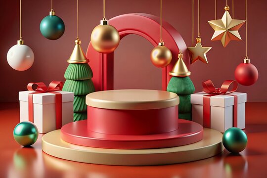 christmas tree with gifts and balls With Happy new year 2025 Merry Christmas themed podium for product showcase.