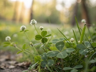 Poster - Minimalist Beauty of Little Bur Clover: A Serene Close-up on Nature's Delicate Green Leaves and Tiny Flowers in a Tranquil Outdoor Setting with Soft Focus and Natural Light