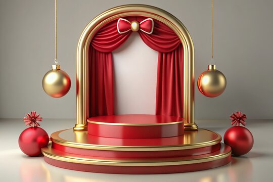 christmas wreath with red bow With Happy new year 2025 Merry Christmas themed podium for product showcase.