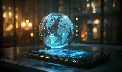 Poster - Holographic Earth Globe Displayed Above a Smartphone