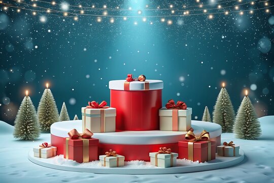 christmas tree with gifts With Happy new year 2025 Merry Christmas themed podium for product showcase.