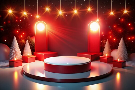christmas candles on the table With Happy new year 2025 Merry Christmas themed podium for product showcase.
