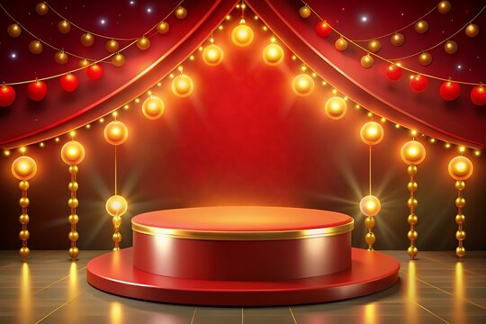 stage with red curtains and spotlight With Happy new year 2025 Merry Christmas themed podium for product showcase.