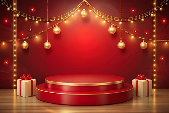 stage with curtains and spotlight With Happy new year 2025 Merry Christmas themed podium for product showcase.