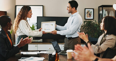 Aufkleber - Office, woman and man with applause at award ceremony for achievement, success and well done. People, employees and happy or clapping hands at boardroom with certificate for celebration or completion
