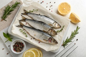 Wall Mural - Minimalist Photography of an Elegant Fish Package Displayed on a Simple Surface with Natural Lighting, Emphasizing Freshness and Clean Lines for Culinary Art