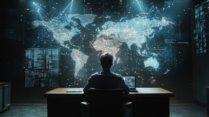 Wall Mural - person sits at desk, focused on computer, with large digital world map displayed behind them, showcasing data and connections. scene conveys sense of technology and global connectivity