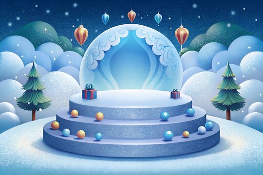 christmas tree with snow ball With Happy new year 2025 Merry Christmas themed podium for product showcase.