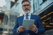 © Isuru - serious businessman holding tablet pc and looking at camera