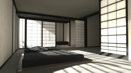 Poster - Serenity in Minimalism: A Tranquil Japanese-Inspired Interior Bedroom Design with Natural Light and Clean Lines for Modern Living Spaces