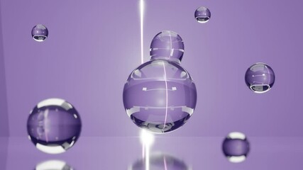 Poster - Abstract 3d animation of transparent liquid droplets in a pink studio, a set of spheres that randomly move and merge with each other. Loop animation, the idea of purity and harmony.