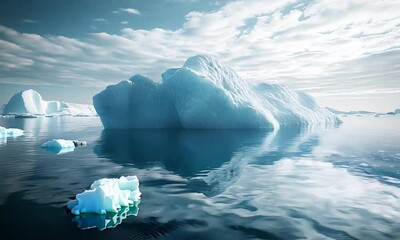 Aufkleber - Serene Arctic Iceberg Reflecting in Calm Sea Under Cloudy Sky : Generative AI