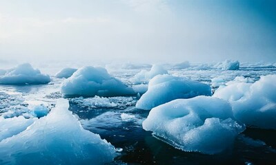 Poster - Majestic Arctic Icebergs Floating in Tranquil Polar Seas Under Misty Atmosphere : Generative AI