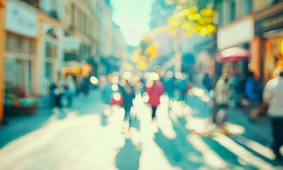 Aufkleber - Blurred Busy City Street with People Walking Under Bright Sunshine in Autumn : Generative AI