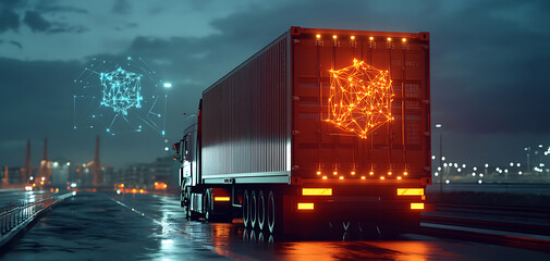 Poster - Supply chain security risks transportation digital visualization urban environment rear view technology concept