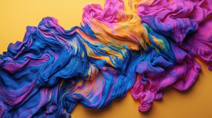 Poster - Vibrant Abstract Textile Design with Bold Colors Flowing Freely Across a Bright Yellow Background for Creative Projects and Artistic Expressions