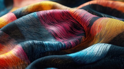 Poster - Colorful Fabric Texture with Vibrant Stripes of Red, Blue, Yellow, and Black, Showcasing Graceful Flow and Rich Detail in Soft Textile Appearance