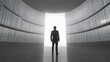 © Keattipoom - Silhouette of Businessman Standing in Modern Futuristic Space with Bright Exit, Concept of Technology, Innovation, Opportunity and Vision for Future Growth