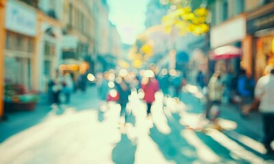 Aufkleber - Blurred Busy City Street with People Walking Under Bright Sunshine in Autumn : Generative AI