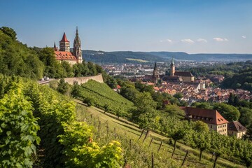 Sticker - Panoramic View of Esslingen am Neckar, Germany from Neckarhaldenweg with Lush Greenery and Historic Architecture Captured in High Depth of Field