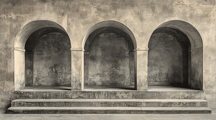 Wall Mural - elegant architectural arches in a vintage stone setting with three rounded niches, showcasing timele