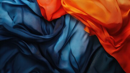Poster - Vibrant Flowing Textiles in Orange and Blue Shades Showcasing the Beauty of Soft Fabric Drapery for Fashion, Design, and Artistic Backgrounds