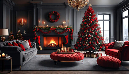 Wall Mural - Living room decorated for Christmas with red theme Christmas tree, fireplace and sofa. Christmas image. Card design.赤色のテーマのクリスマスツリーと暖炉とソファーのあるクリスマスの飾りをしたリビングルーム。クリスマスのイメージ。カードデザイン。