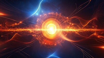 Poster - Vibrant Abstract Energy Flow with Radiant Core and Dynamic Light Trails in a Dark Background, Perfect for Illustrating Concepts of Power and Motion