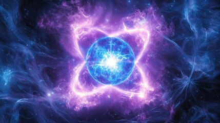 Poster - Vibrant Energy and Cosmic Forces Emanating from a Luminous Atom Surrounded by Ethereal Nebula and Celestial Patterns in a Deep Space Scene