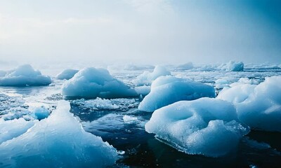 Poster - Majestic Arctic Icebergs Floating in Tranquil Polar Seas Under Misty Atmosphere : Generative AI