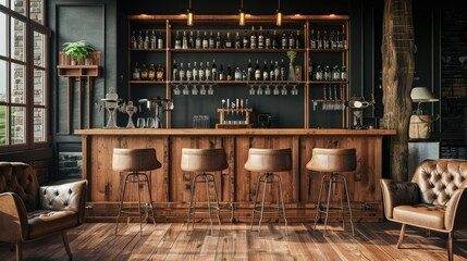 Poster - 3D rendering of stylish bar interior with wooden counter and cozy seating