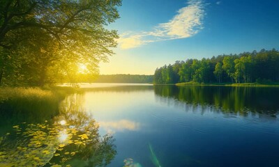 Poster - Peaceful Forest Lake at Sunrise with Golden Light and Lush Greenery : Generative AI