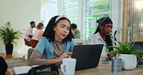 Aufkleber - Research, thinking and laptop with woman in study lounge for confused, elearning and college. University student, brainstorming and project decision with person on campus for scholarship, why or idea