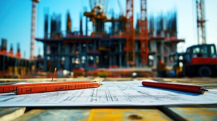 Detailed Architectural Plans on Construction Site with Heavy Machinery Operating in the Background, Showcasing the Urban Development and Project Planning Process