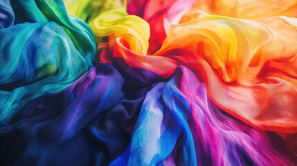 Poster - Colorful and Vibrant Textile Background with Flowing Multicolored Silks Evoking a Sense of Creativity and Joy in Vivid Shades of Rainbow Hues