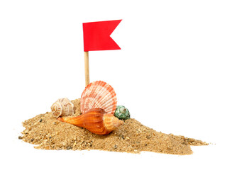 Sea shell and flag in sand pile isolated on white background, Side view