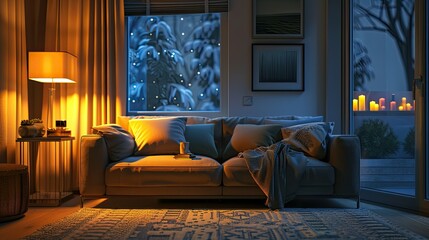 Poster - 3D rendering of cozy living room with comfortable sofa and warm lighting
