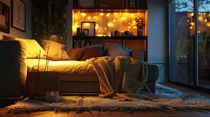 Aufkleber - 3D rendering of cozy living room with comfortable sofa and warm lighting