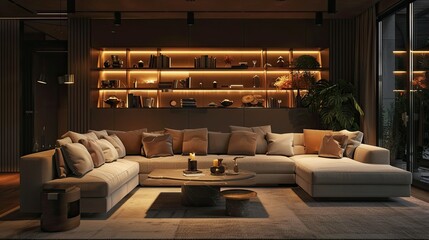 Aufkleber - 3D rendering of cozy living room with comfortable sofa and warm lighting